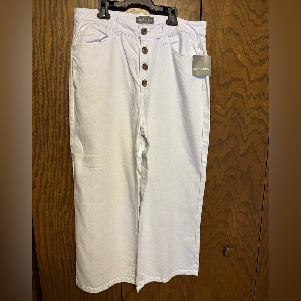 NWT LADIES SZ 14 FALLS CREEK WIDE LEG COTTON BLEND CROP WHITE PANT